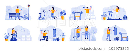 Fitness scenes bundle with people characters. People running, jumping with rope, lifting dumbbells and training with punching bag situations. Sports activities and workout flat vector illustration. 103975235