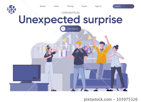Unexpected surprise landing page with header. Friends celebrating birthday or anniversary and giving gift to girl scene. Birthday congratulation with present and flowers flat vector illustration. 103975326