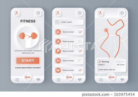 Fitness monitor unique neumorphic design kit for mobile app. Personal tracker with running route on map, different kinds of workouts. Sport UI, UX template set. GUI for responsive mobile application. Fitness monitor unique neumorphic design kit for mobile app. Personal tracker with running route on map, different kinds of workouts. Sport UI, UX template set. GUI for responsive mobile application. 103975454