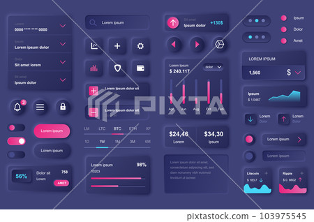 User interface elements for cryptocurrency mobile app. Cryptocurrency mining, exchange and stock trading gui templates. Unique neumorphic ui ux design kit. Manage, navigation and analytics components 103975545