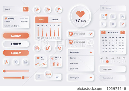 User interface elements for fitness workout mobile app. Fitness tracker, sport activity planner, heart rate monitor gui templates. Unique neumorphic ui ux design kit. Manage and navigation components. User interface elements for fitness workout mobile app. Fitness tracker, sport activity planner, heart rate monitor gui templates. Unique neumorphic ui ux design kit. Manage and navigation components. 103975546