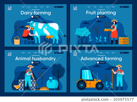 Advanced farming flat landing pages set. Agricultural workers milking cow and plant seedlings scenes for website or CMS web page. Dairy farming, fruit planting, animal husbandry 103975577