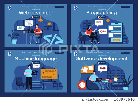 Software development flat landing pages set....-插圖素材 [103975616] - PIXTA圖庫