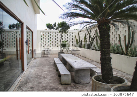Outdoor cafe with cactus and aloe vera near the wall beautiful architectural. Outdoor cafe with cactus and aloe vera near the wall beautiful architectural. 103975647