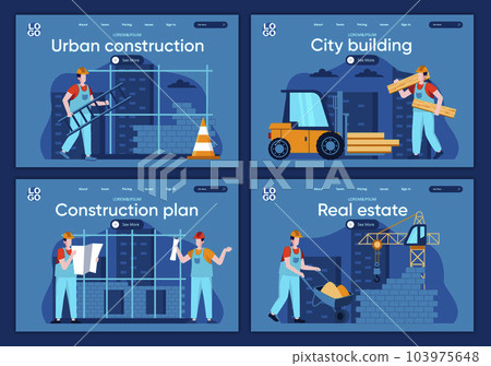 City building flat landing pages set. Professional engineering and building, people working on construction site scenes for website or CMS web page. Real estate, urban construction 103975648