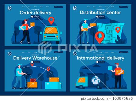 International delivery flat landing pages set. Online order and delivery at home, global shipping scenes for website or CMS web page. Distribution center, delivery warehouse 103975656