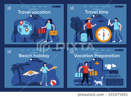 Travel vacation flat landing pages set. Summer time activity on beach, couple with luggage scenes for website or CMS web page. Travel time, beach holiday, vacation preparation 103975691