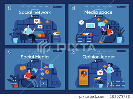 Social media flat landing pages set. Online communication and messaging with digital devices scenes for website or CMS web page. Social network, media space and opinion leader Social media flat landing pages set. Online communication and messaging with digital devices scenes for website or CMS web page. Social network, media space and opinion leader 103975788