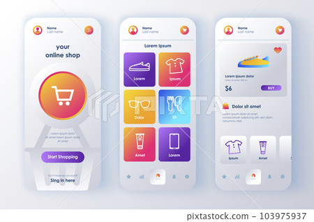 Online shopping unique neomorphic design kit. Shopping app with order basket, product description and price. Internet marketplace platform UI, UX template set. GUI for responsive mobile application. Online shopping unique neomorphic design kit. Shopping app with order basket, product description and price. Internet marketplace platform UI, UX template set. GUI for responsive mobile application. 103975937