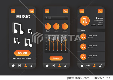 Music player unique neomorphic black design kit. Audio app with equalizer settings, compositions playlist and search bar. Music listening UI, UX template set. GUI for responsive mobile application. Music player unique neomorphic black design kit. Audio app with equalizer settings, compositions playlist and search bar. Music listening UI, UX template set. GUI for responsive mobile application. 103975953