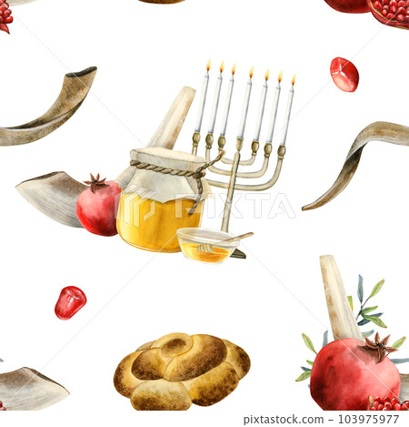 Rosh hashanah symbols watercolor seamless pattern on white background with shofars, menorah, traditional food for Jewish new year gift wrapping and greeting designs 103975977