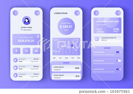 Online banking unique neomorphic design kit. Smart finance app with manage transactions and view account activities. Financial management UI, UX template set. GUI for responsive mobile application. 103975981