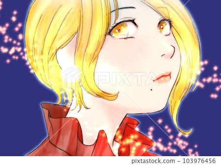 Line drawing color illustration of a girl with an oblique upward face Hair = gold Background = dark blue Line drawing color illustration of a girl with an oblique upward face Hair = gold Background = dark blue 103976456