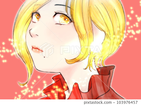 Line drawing color illustration of a girl with an oblique upward face Hair = gold Background = light red Line drawing color illustration of a girl with an oblique upward face Hair = gold Background = light red 103976457