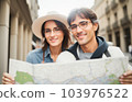 Portrait of young Caucasian happy couple holding map in their hands. Friends' journey. Ai generation 103976522