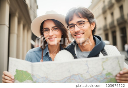 Portrait of young Caucasian happy couple holding map in their hands. Friends' journey. Ai generation Portrait of young Caucasian happy couple holding map in their hands. Friends' journey. Ai generation 103976522