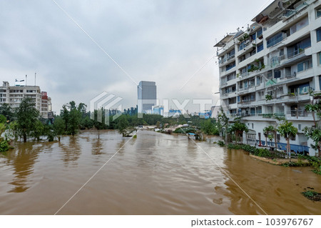 Flash flood. Torrential rains that fill the rivers and roads instantly causing flooding. Rain concept. Torrential rain. Floods. 103976767