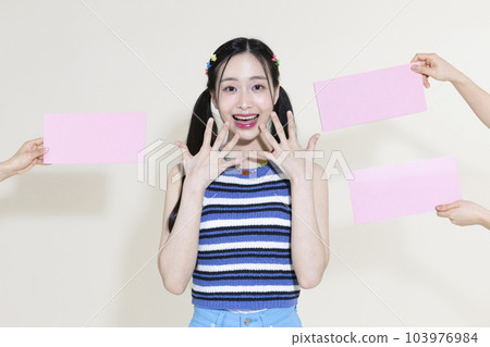 vintage y2k pink retro concept photo of korean asian cute woman holding gift certificate coupon vintage y2k pink retro concept photo of korean asian cute woman holding gift certificate coupon 103976984
