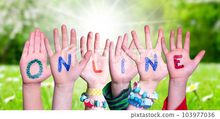 Children Hands Building Word Online, Grass Meadow Children Hands Building Word Online, Grass Meadow 103977036