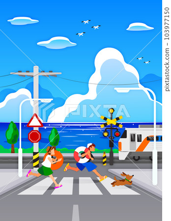 background of summer scenery, children running on the crosswalk 103977150