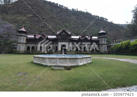 Rampur Palace with fountain at Rampur Bushahr in Shimla, Himachal Pradesh, India. Once served as the Winter Capital of the former princely state of Bushahr Rampur Palace with fountain at Rampur Bushahr in Shimla, Himachal Pradesh, India. Once served as the Winter Capital of the former princely state of Bushahr 103977423