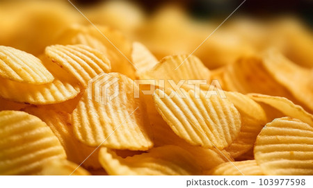 Delicious crispy potato chips, famous snack, fat food, wallpaper, texture, for banner, flyer 103977598