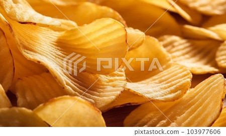 Delicious crispy potato chips, famous snack, fat food, wallpaper, texture, for banner, flyer 103977606