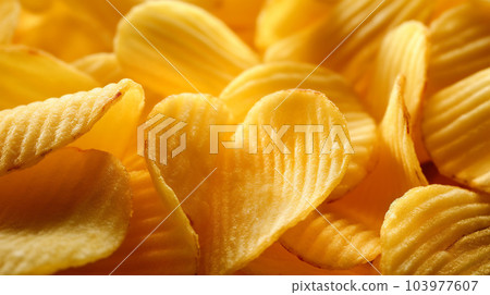 Delicious crispy potato chips, famous snack, fat food, wallpaper, texture, for banner, flyer Delicious crispy potato chips, famous snack, fat food, wallpaper, texture, for banner, flyer 103977607