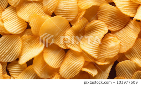 Delicious crispy potato chips, famous snack, fat food, wallpaper, texture, for banner, flyer 103977609