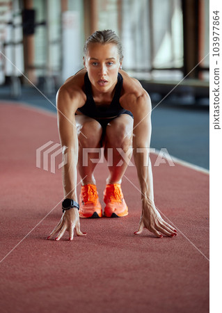 A young athlete girl is warming up before the race at the stadium. A slender blonde in a black tracksuit sits in a starting position on the track. Sports and recreation. A young athlete girl is warming up before the race at the stadium. A slender blonde in a black tracksuit sits in a starting position on the track. Sports and recreation. 103977864