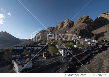Key Village close to Kye Gompa or Key monsatery  the largest and oldest monastery close to the Spiti River, Himachal Pradesh, India. 103978294