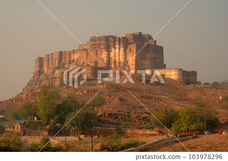 Mehrangarh Fort Jodhpur, Rajasthan, India. Founded in 15th century by Rathore Rajputs. Evening shot Mehrangarh Fort Jodhpur, Rajasthan, India. Founded in 15th century by Rathore Rajputs. Evening shot 103978296