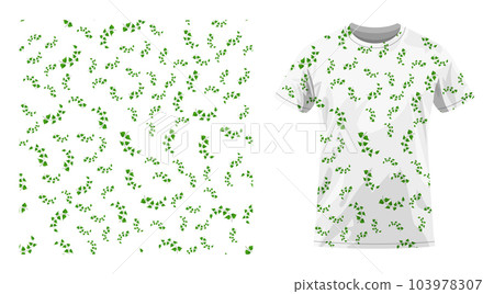 Short sleeved cotton sports t shirt decorated thin birch twigs and green leaves seamless pattern. Floral ornament. Comfortable summer clothes. Vector ornament for design of textile and fabric 103978307
