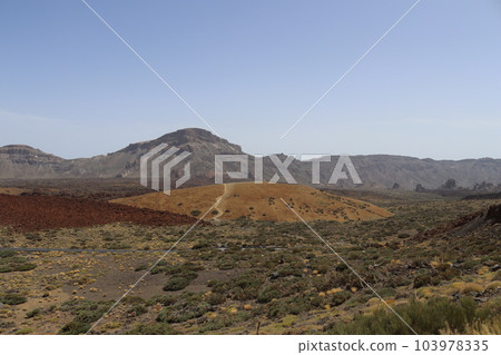 Panoramic view of volcanic lanscape in front of the ocean from the peak of mountain Teide, Tenerife Panoramic view of volcanic lanscape in front of the ocean from the peak of mountain Teide, Tenerife 103978335