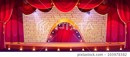 Cartoon theater concert stage with red curtain 103978382