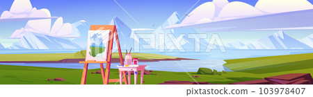 Mountain and sea landscape for drawing on easel Mountain and sea landscape for drawing on easel 103978407