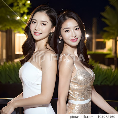 Female friends dressed up in party dresses are standing back to back (AI generated) 103978560