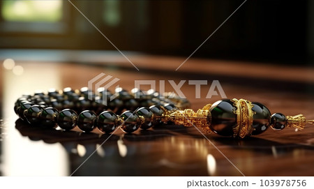 Beautiful rosary on dark background, for banners, articles, ads, Ramadan, prayer 103978756
