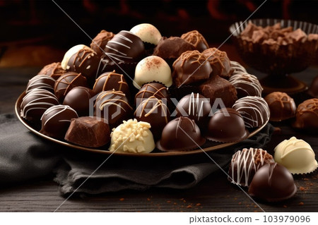 Dark, milk and white chocolate candies / pralines / truffles, assorted on wooden table. Dessert for Valentine's Day. Generative AI 103979096