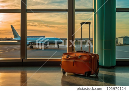Suitcases in airport, airport hall, airplanes in the background. Generative AI 103979124