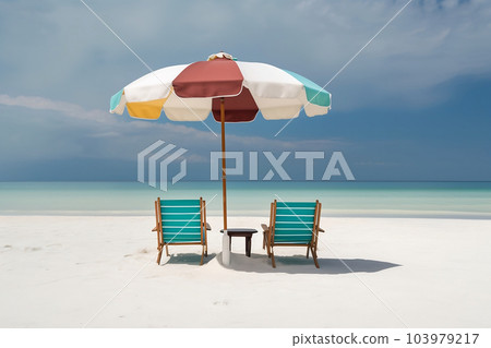 Beach chairs and umbrella on a white sandy beach. Generative AI 103979217