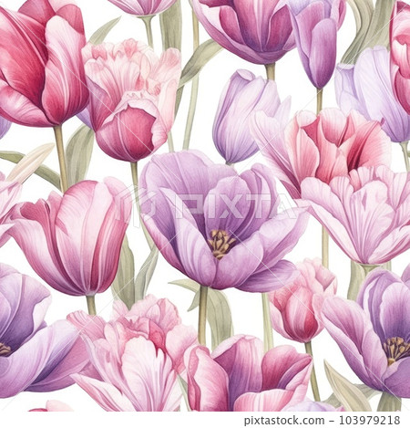 Seamless watercolor pattern with tulips. Floral pattern for wallpaper or fabric. Flower tulip. Generative AI 103979218