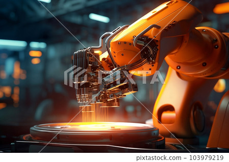 Robotic arm for electronic assembly line. Smart modern factory automation using advanced machines. Generative AI 103979219