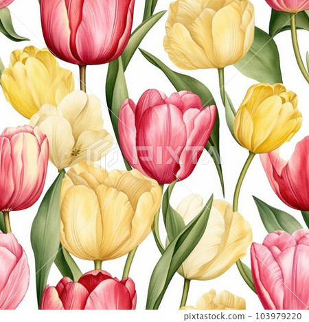Seamless watercolor pattern with tulips. Floral pattern for wallpaper or fabric. Flower tulip. Generative AI 103979220