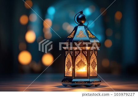 Ornamental Arabic lantern with burning candle glowing at night. Muslim holy month Ramadan Kareem. Generative AI 103979227