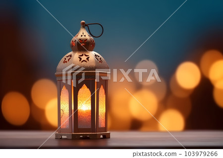 Ornamental Arabic lantern with burning candle glowing at night. Muslim holy month Ramadan Kareem. Generative AI 103979266