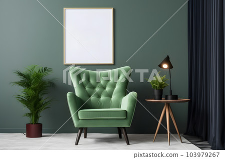 Vertical frame mock up in modern interior with green armchair and plant. Scandinavian style - Generative AI 103979267
