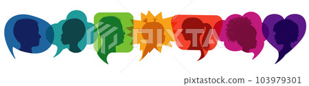 Speech bubble.Multicultural kindergarten.Silhouette group of modern children in rainbow colored profile.Communication between multi-ethnic children.Children talking.Globalization Speech bubble.Multicultural kindergarten.Silhouette group of modern children in rainbow colored profile.Communication between multi-ethnic children.Children talking.Globalization 103979301