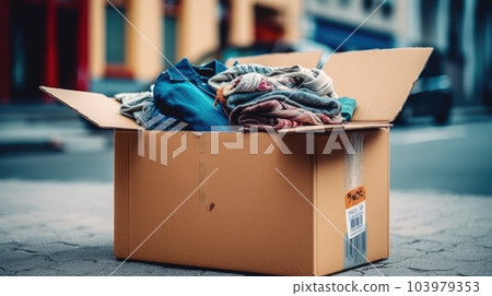 Unfashionable clothes for recycle in box. Generative AI 103979353