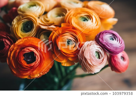 Bouquet Of Colorful Persian Buttercup Flowers (ranunculus) Stock